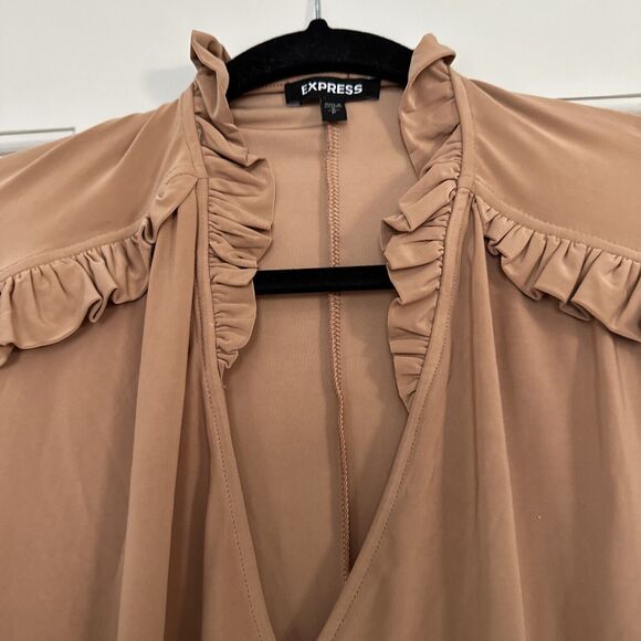 EXPRESS Rust Ruffle Accent Blouse Womens S Western V Neck Dolman Sleeve - Picture 4 of 10